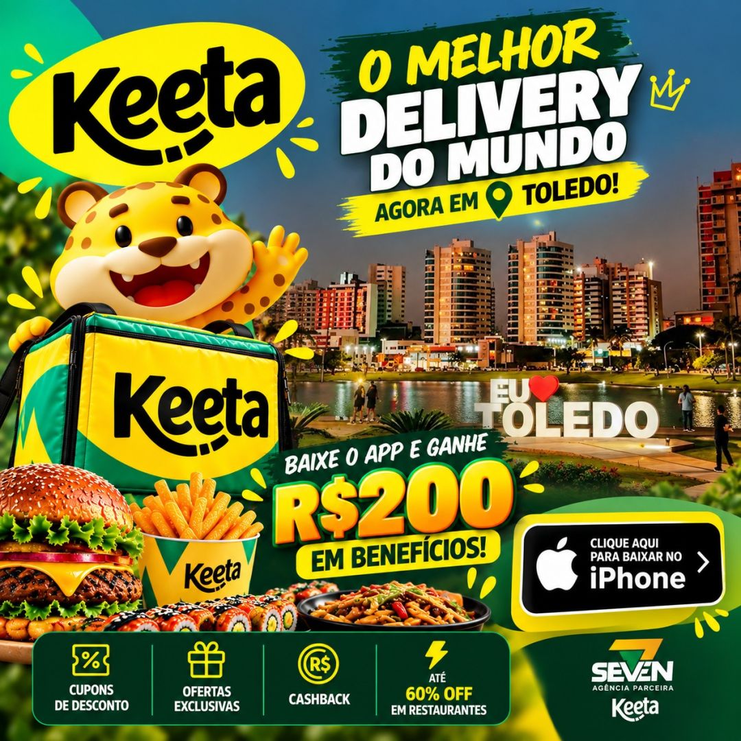 Captura de tela do aplicativo Keeta exibindo ofertas de restaurantes e benefícios em Toledo