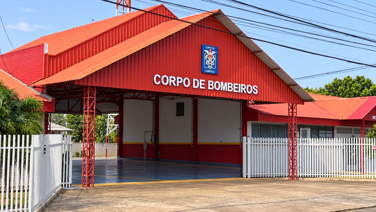 Viaturas do Corpo de Bombeiros perfiladas em frente ao quartel em Toledo durante dia nublado
