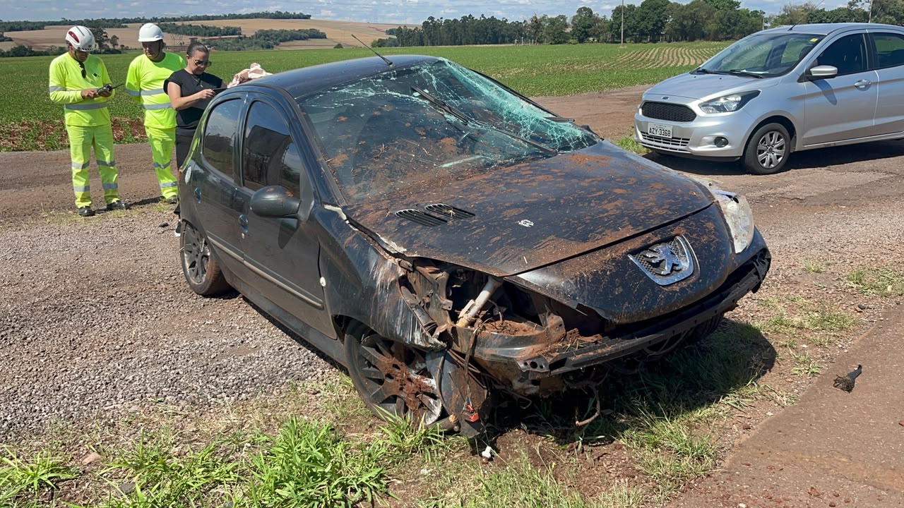 Veículo Peugeot 207 capotado em acostamento de rodovia federal