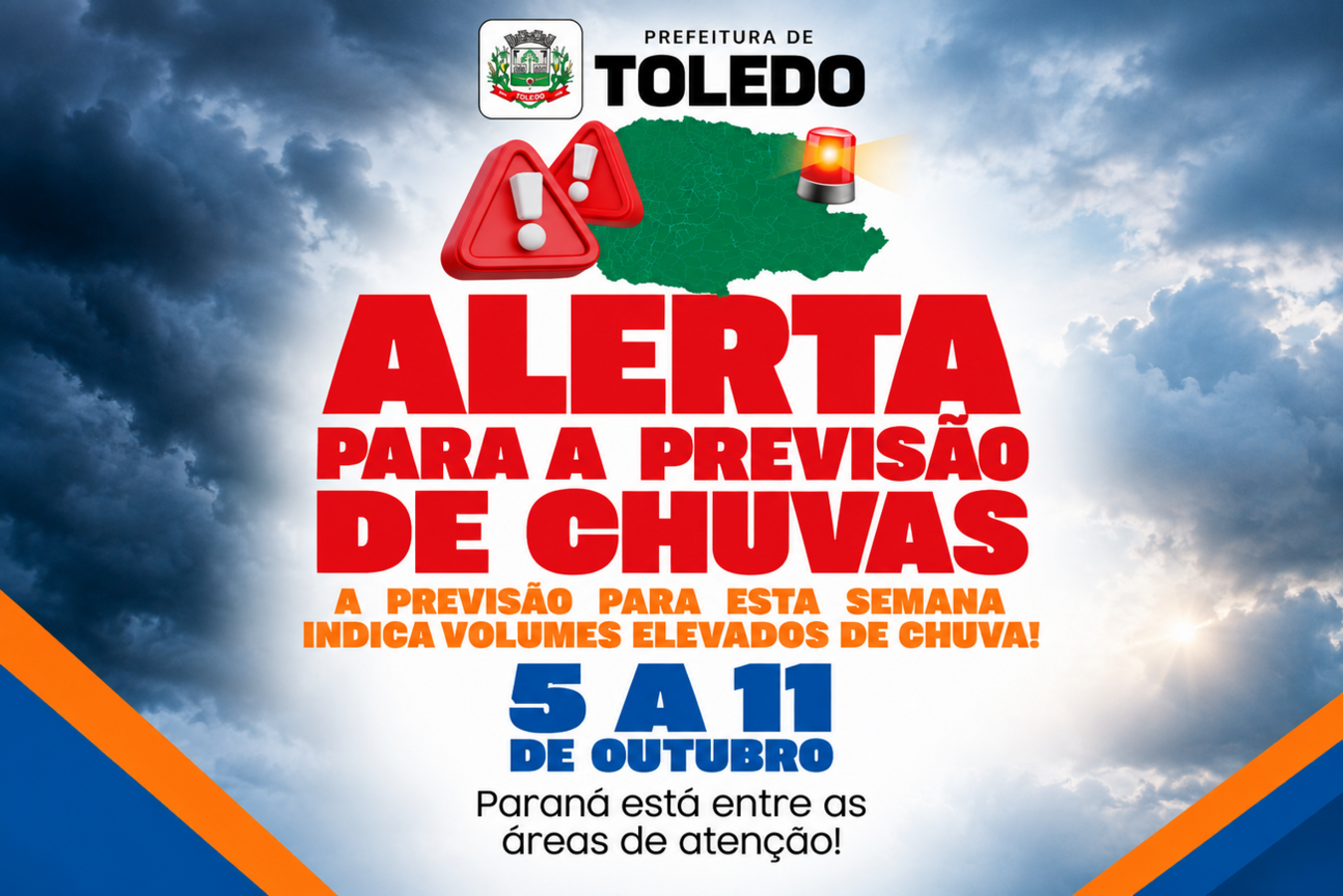 Céu nublado e carregado sobre ruas de Toledo durante alerta de temporais emitido pela Defesa Civil