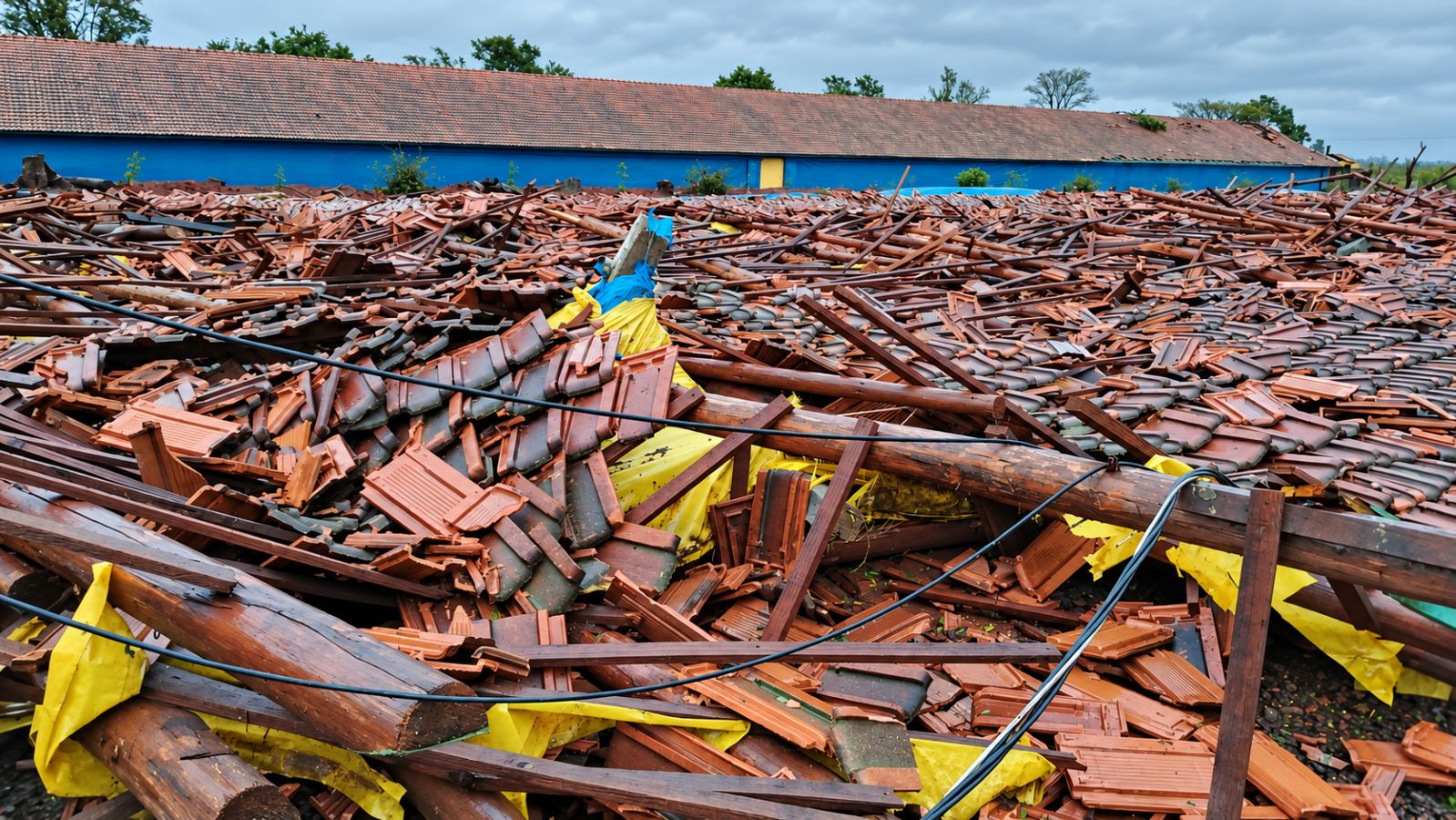 Estrutura de aviário destruída por forte vendaval em comunidade rural de Toledo