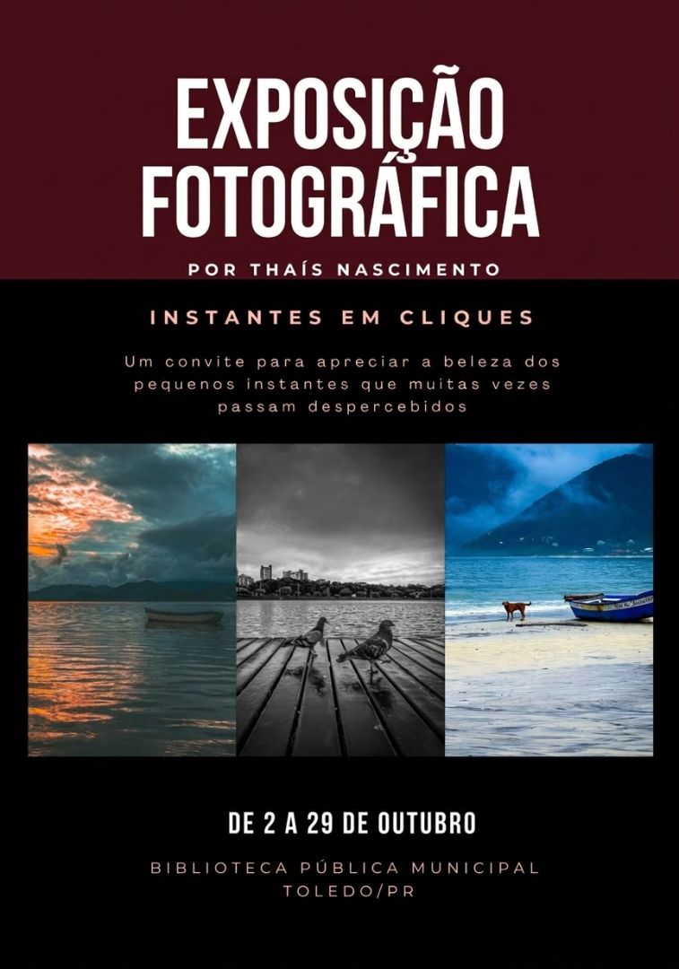 Fotografias artísticas da exposição Instantes em Cliques expostas na Biblioteca Pública Municipal de Toledo