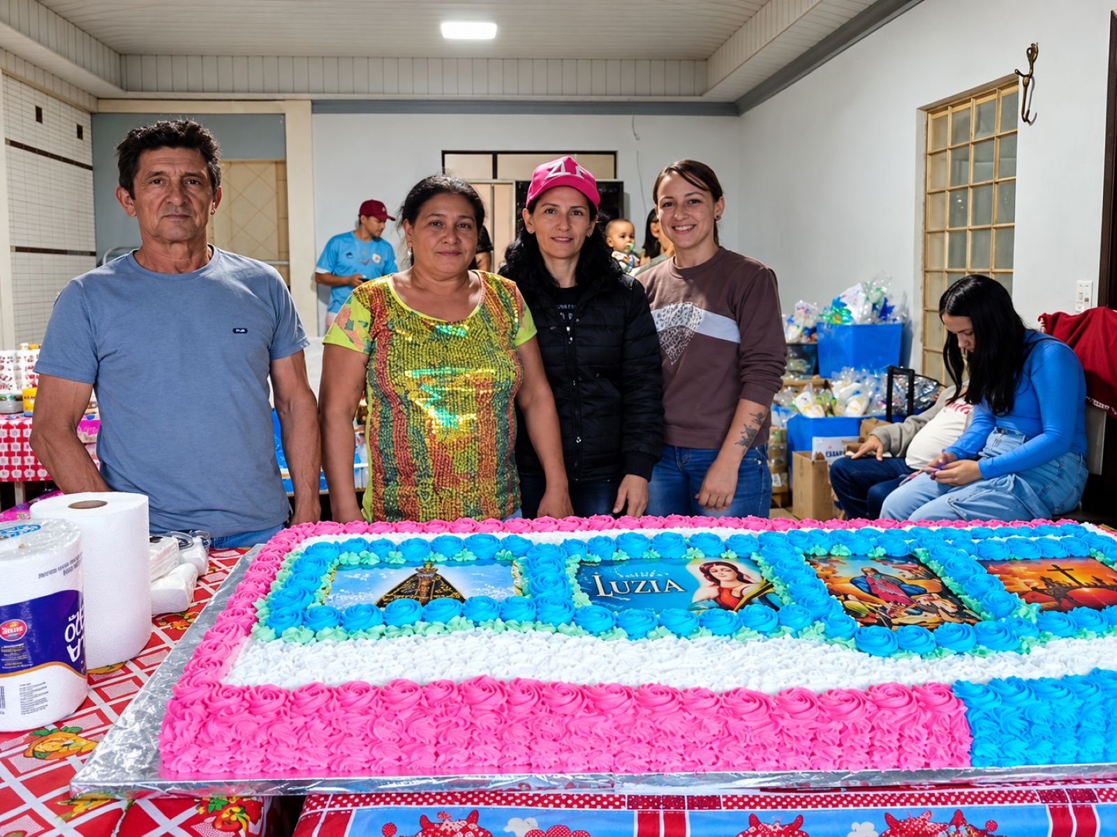 Dona Maria, organizadora da Festa das Crianças, sorrindo e segurando doces e um pedaço de bolo.