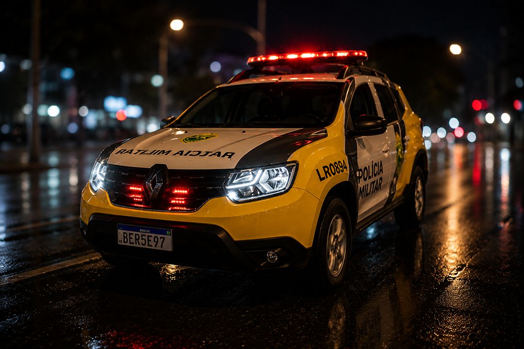 Viatura da Polícia Militar em operação de atendimento a ocorrência de violência doméstica em bairro de Toledo