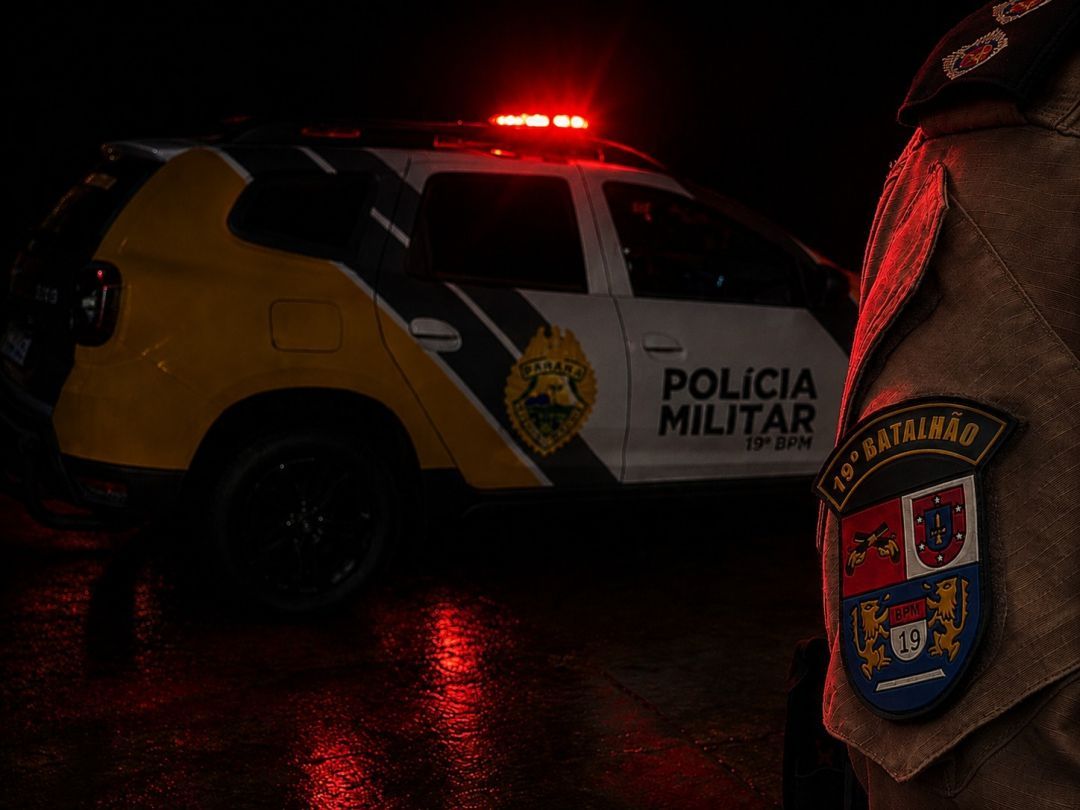 Representação genérica de uma viatura da Polícia Militar estacionada em frente a uma residência em área rural.