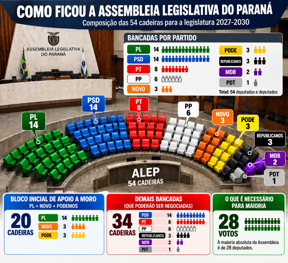 Assembleia Legislativa do Paraná (Alep) com foco na entrada principal, simbolizando o local das negociações políticas.