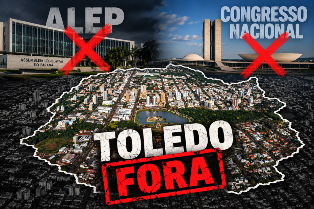 Urnas eletrônicas e bandeiras do Brasil e do Paraná representando o cenário eleitoral em Toledo