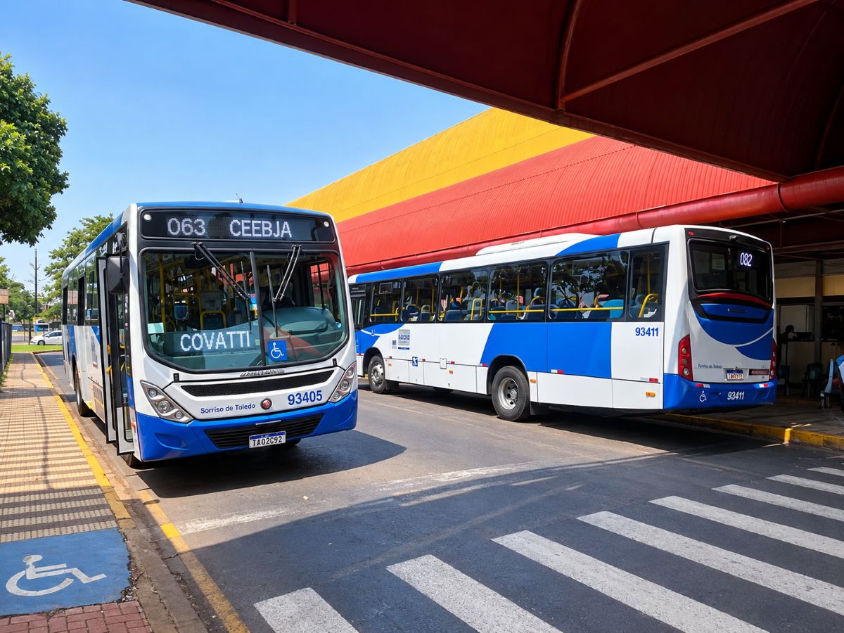 Ônibus do transporte coletivo da Viação Sorriso circulando por via urbana em Toledo PR